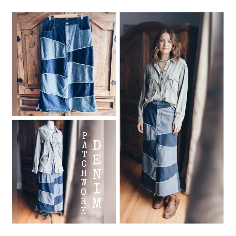 One-of-a-Kind Artisan Patchwork Denim Maxi Skirt